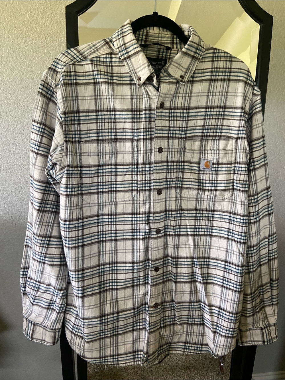 Carhartt White and Blue Plaid Button-Up Work Shirt